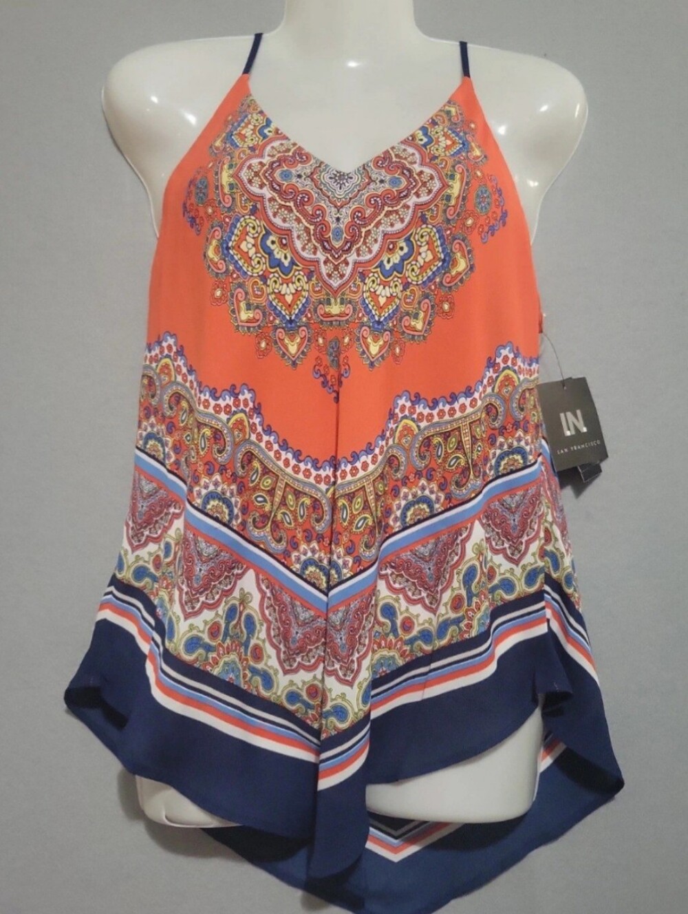NWT IN San Francisco Orange Paisley Boho Sleeveless Tank Top Size M Handkercheif